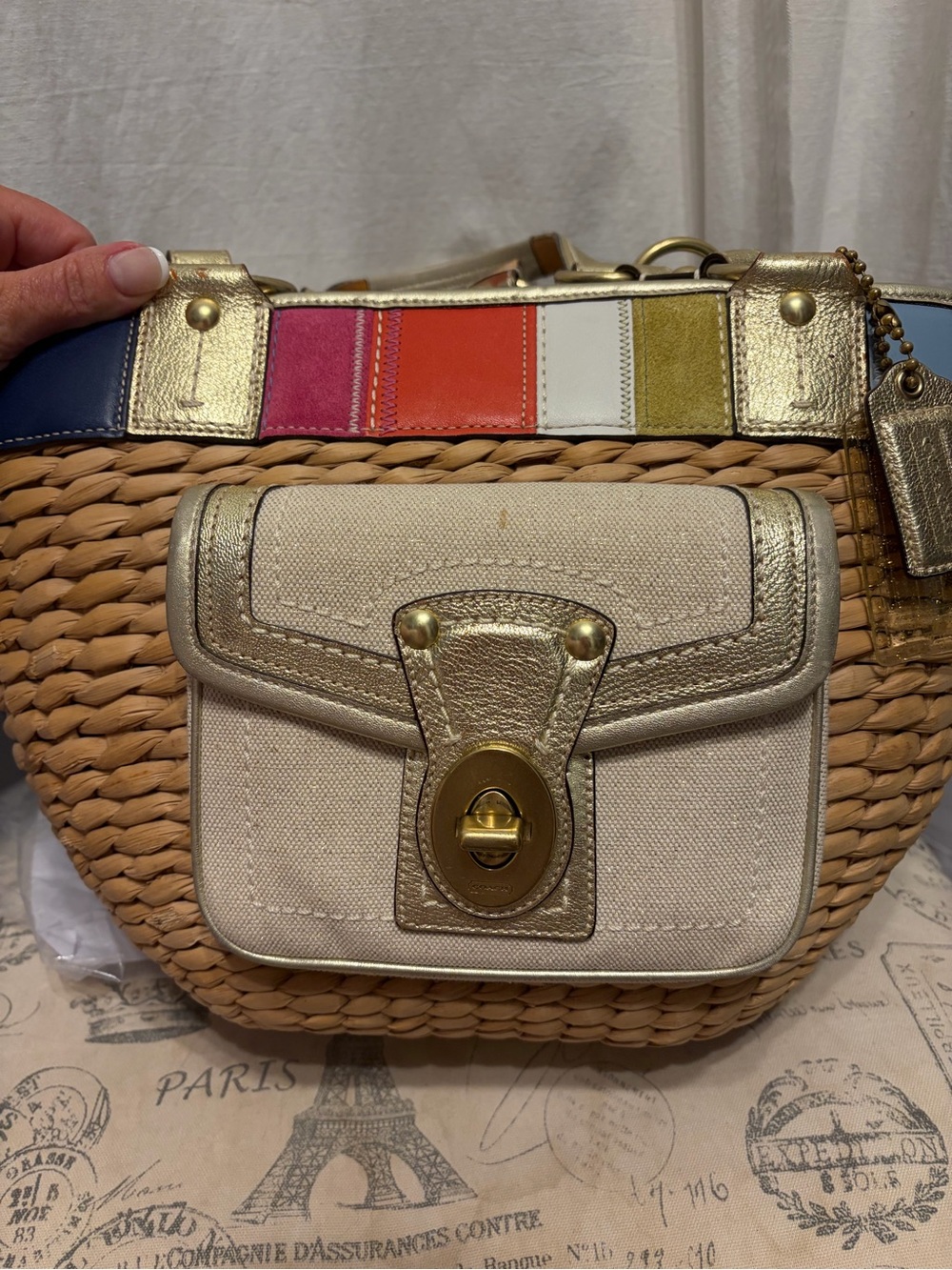 Coach Straw Tote with Multicolor Stripe and Gold Trim - Picture 11 of 13